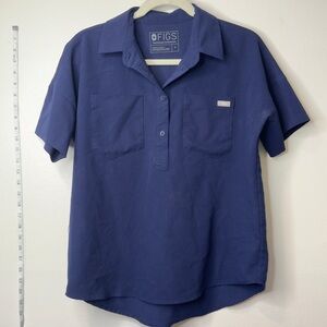 Euc figs scrub top navy blue 2 pockets button down collar small